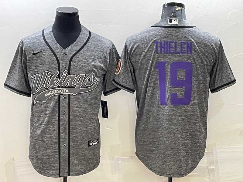 Men%27s Minnesota Vikings #19 Adam Thielen Grey Gridiron With Patch Cool Base Stitched Baseball Jersey